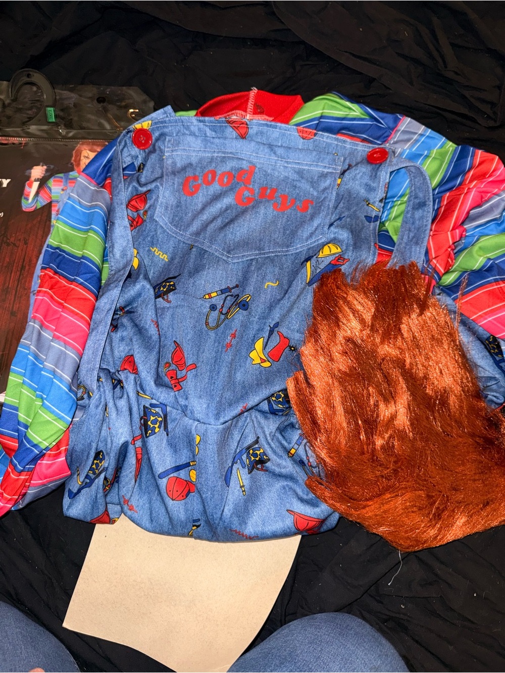 Spirit Chucky Men’s Blue Overalls Costume with Multicolor Striped Shirt - Picture 4 of 5